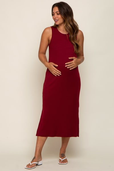 PinkBlush Burgundy Basic Ribbed Side Slit Maternity Midi Dress