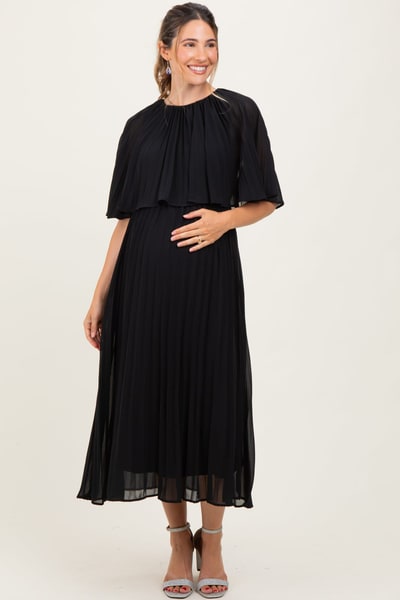 PinkBlush Black Pleated Cape Maternity Midi Dress