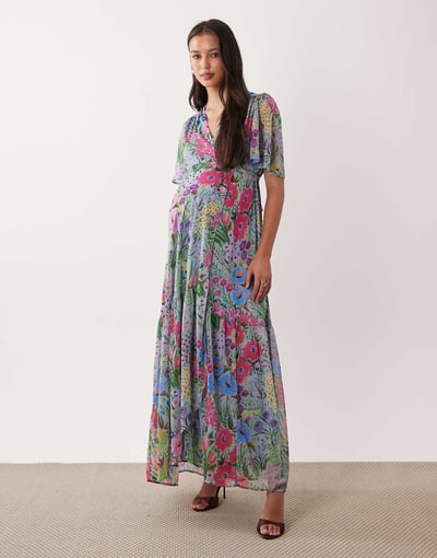 ASOS Hope & Ivy Maternity flutter sleeve wrap dress tie detail maxi dress in lilac floral print