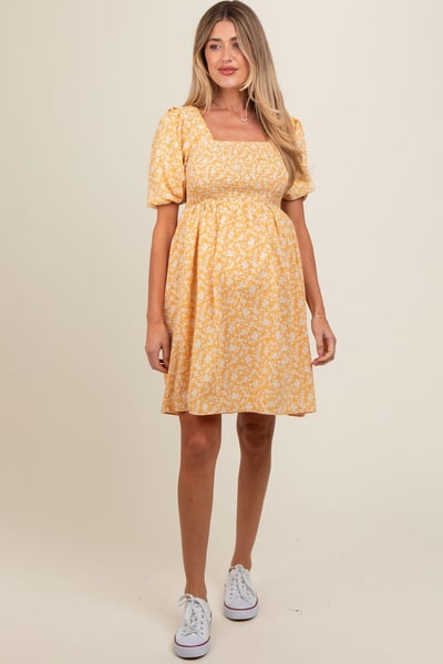PinkBlush Yellow Floral Smocked Tie Back Maternity Dress