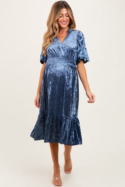 PinkBlush Blue Embroidered Velvet Smocked Waist Maternity Midi Dress