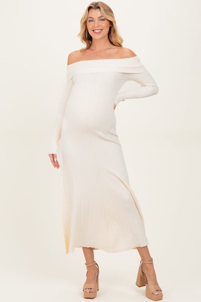 PinkBlush Ivory Off Shoulder Maternity Midi Sweater Dress