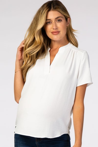 PinkBlush White Short Sleeve V-Neck Maternity Blouse