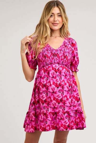 PinkBlush Fuchsia Floral Smocked V-Neck Ruffle Maternity Dress
