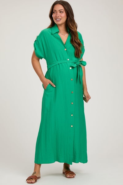 PinkBlush Green Button Front Belted Short Sleeve Maternity Midi Dress