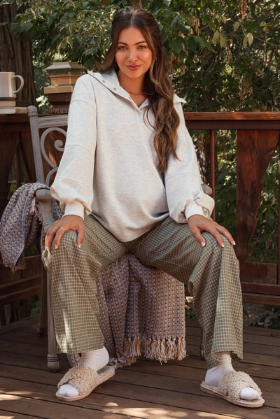 PinkBlush Olive Drawstring Checker Plaid Maternity Pants