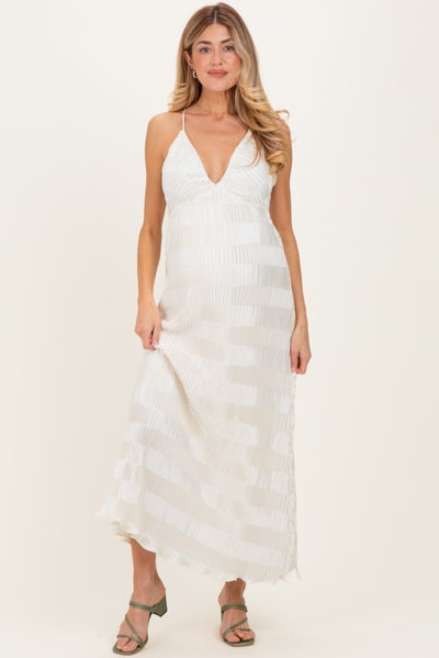 PinkBlush Cream Satin Plisse V-Neck Maternity Maxi Dress