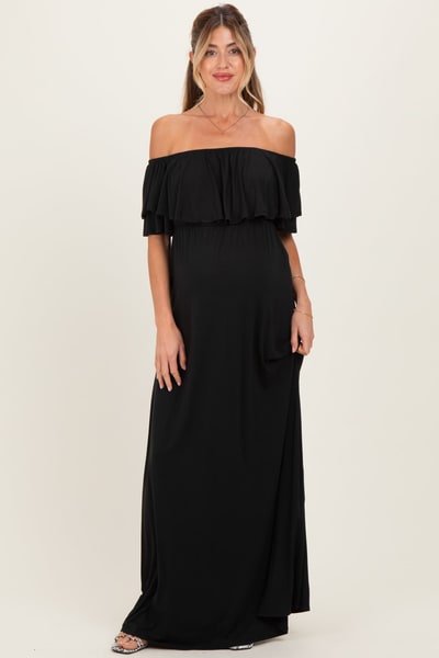 PinkBlush Black Ruffle Off Shoulder Maternity Maxi Dress