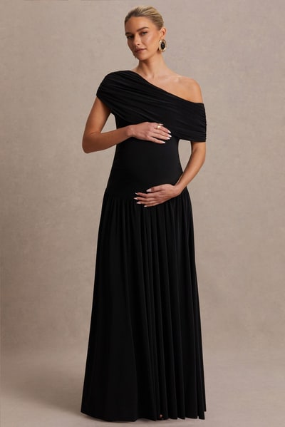 Club L London Noah | Black Asymmetric-Neck Maternity Maxi Dress With Drop-Waist