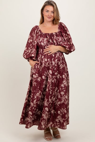 PinkBlush Burgundy Floral Textured Maternity Plus Midi Dress