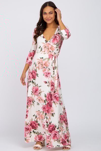 PinkBlush Cream Floral Maternity Wrap Maxi Dress