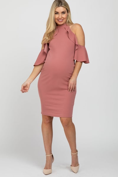 PinkBlush Mauve Mock Neck Ruffle Trim Fitted Maternity Dress