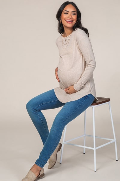 PinkBlush Beige Long Sleeve Ribbed Maternity Top