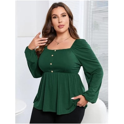 Target Elegant Green Plus Size Casual Tops for Women - Puff Sleeve, Square Neck, Waist Peplum Blouse, Ideal Gift for Special Occasions, 5XL