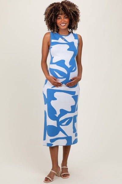 PinkBlush Blue Abstract Print Knit Sleeveless Maternity Midi Dress
