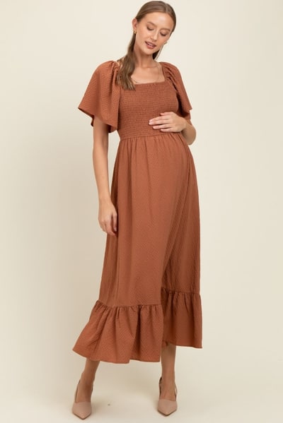 PinkBlush Camel Convertible Stretchy Smocked Maternity Maxi Dress