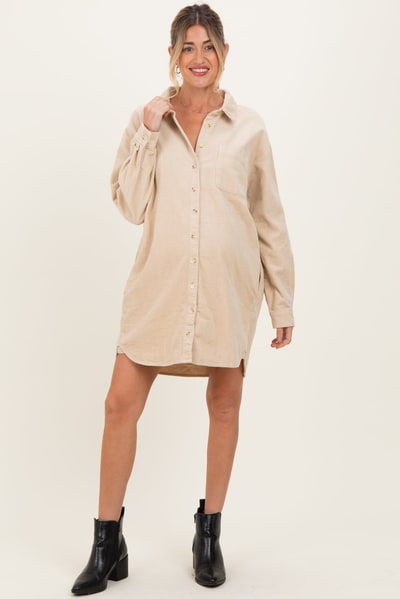 PinkBlush Beige Corduroy Maternity Shirt Mini Dress