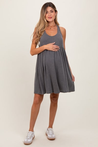 PinkBlush Charcoal Ribbed Sleeveless Open Back Maternity Midi Dress