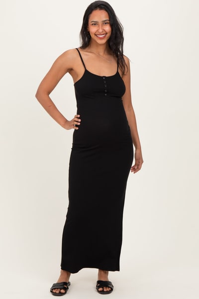PinkBlush Black Button Detail Sleeveless High Slit Maternity Maxi Dress
