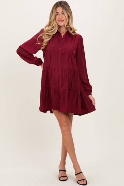 PinkBlush Burgundy Balloon Sleeve Tiered Maternity Shirt Dress