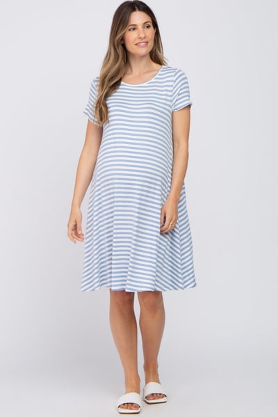 PinkBlush Blue Striped Short Sleeve Maternity Dress