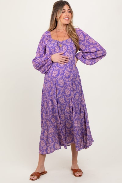 PinkBlush Purple Floral Long Sleeve Maternity Dress