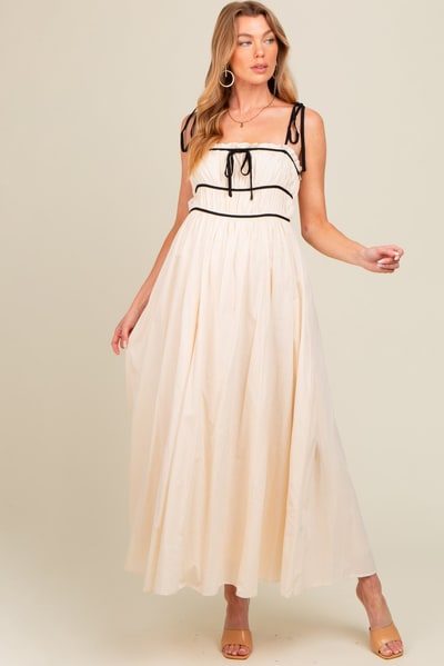 PinkBlush Cream Contrast Ribbon Trim Maternity Maxi Dress