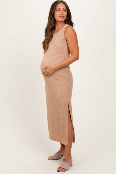 PinkBlush Light Taupe Jacquard Sleeveless Side Slit Maternity Midi Dress