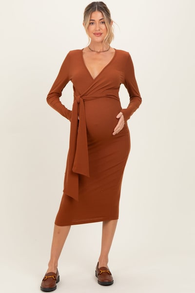 PinkBlush Mocha Ribbed Long Sleeve Maternity Wrap Dress