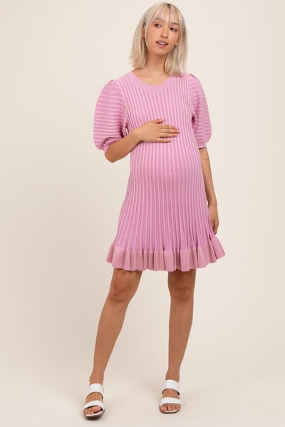 PinkBlush Pink Ribbed Knit Puff Sleeve Ruffle Hem Maternity Mini Dress