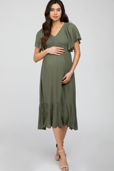PinkBlush Olive Smocked Ruffle Maternity Dress