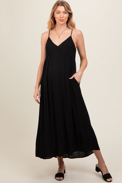 PinkBlush Black Sleeveless V-Neck Maternity Midi Dress