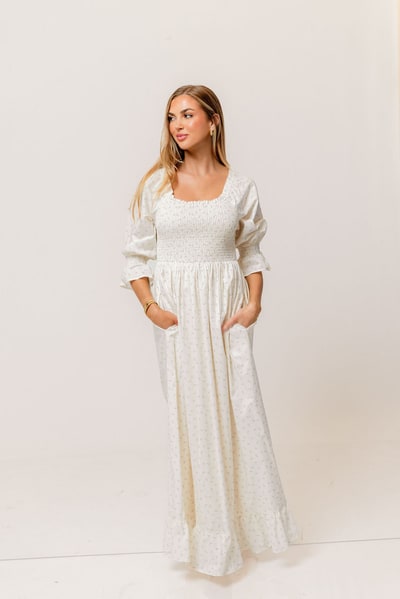 Worth Collective Sienna 100% Cotton Puff Sleeve Maxi Dress in Ivory Floral (Lined) - Bump Friendly