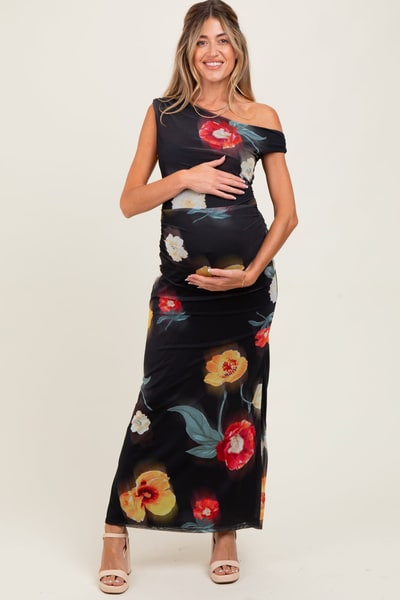 PinkBlush Black Mesh Floral One Shoulder Maternity Maxi Dress