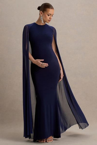 Club L London Currant | Navy Crew-Neck Maternity Maxi Dress With Cape