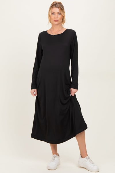 PinkBlush Black Relaxed Fit Long Sleeve Basic Maternity Dress