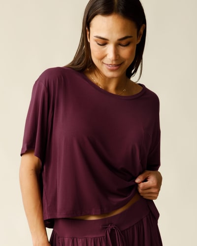 Kindred Bravely Aria Bamboo Casual Cropped Short Sleeve Top | Deep Burgundy