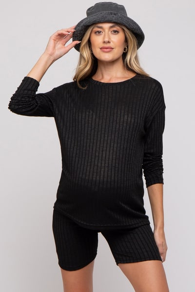 PinkBlush Black Ribbed Long Sleeve Maternity Shorts Set