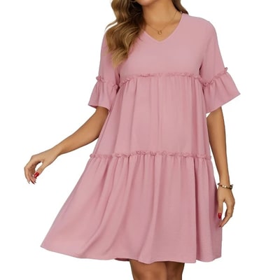 Target INSPIRE CHIC Women's Maternity Dress Babydoll Bohemian Tiered Ruffled Bell Sleeve Casual V Neck Boho Pregnancy Dresses Small Pink