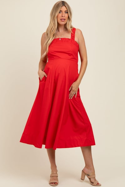 PinkBlush Red Back Bow Tie Detail Sleeveless Maternity Midi Dress