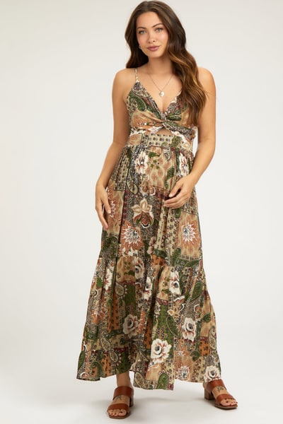 PinkBlush Olive Floral Paisley Front Twist Maternity Maxi Dress