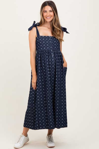 PinkBlush Navy Floral Button Down Shoulder Tie Maternity Midi Dress