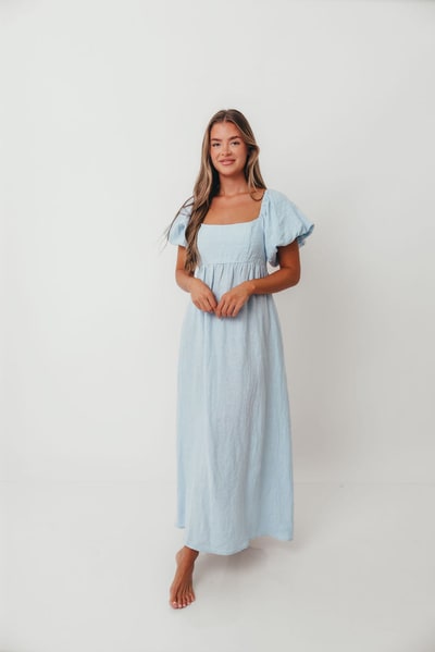 Worth Collective Candace Linen Maxi Dress in Light Blue - Bump Friendly