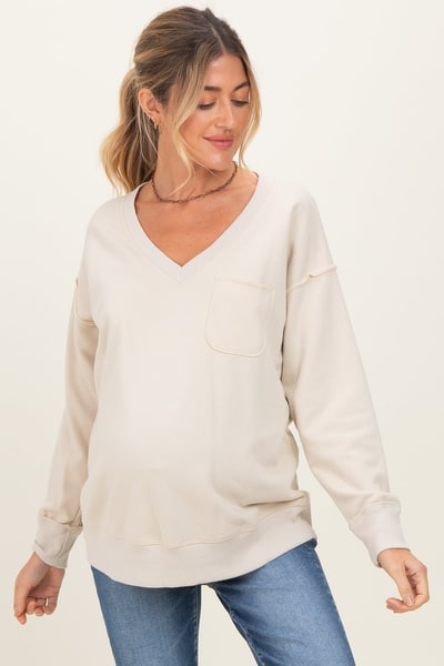 PinkBlush Beige V-Neck Long Sleeve Maternity Pullover Top