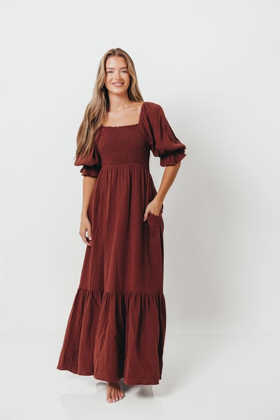 Worth Collective Livvy 100% Cotton Maxi Dress in Rust Brown - Bump Friendly