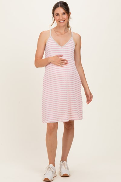 PinkBlush Cream/ Pink Striped Sleeveless Halter Maternity Mini Dress