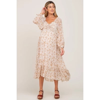 Target Pinkblush Ivory Floral Chiffon Ruffle Maternity Maxi Dress Small