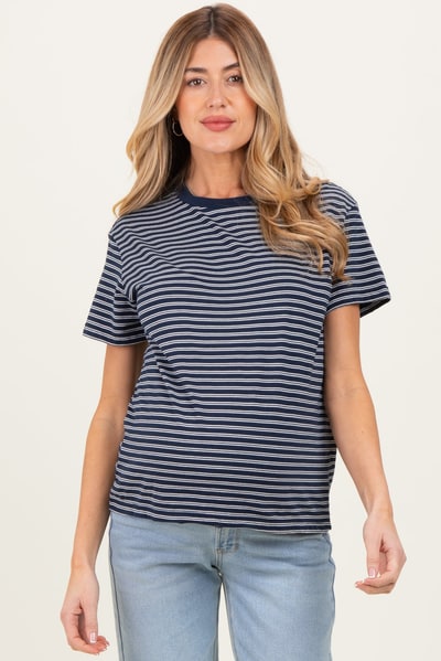 PinkBlush Navy/White Short Sleeve Round Neck Stripe Maternity Tee