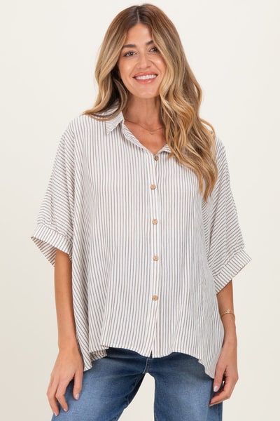 PinkBlush Taupe Striped Boxy Button Down Maternity Top