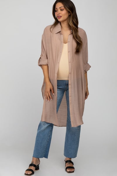 PinkBlush Taupe Button Front Side Slit Oversized Maternity Blouse